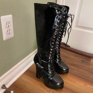 Pleaser Brand 5" Heel, 1 1/2" Platform Knee High Black Boots Size 9